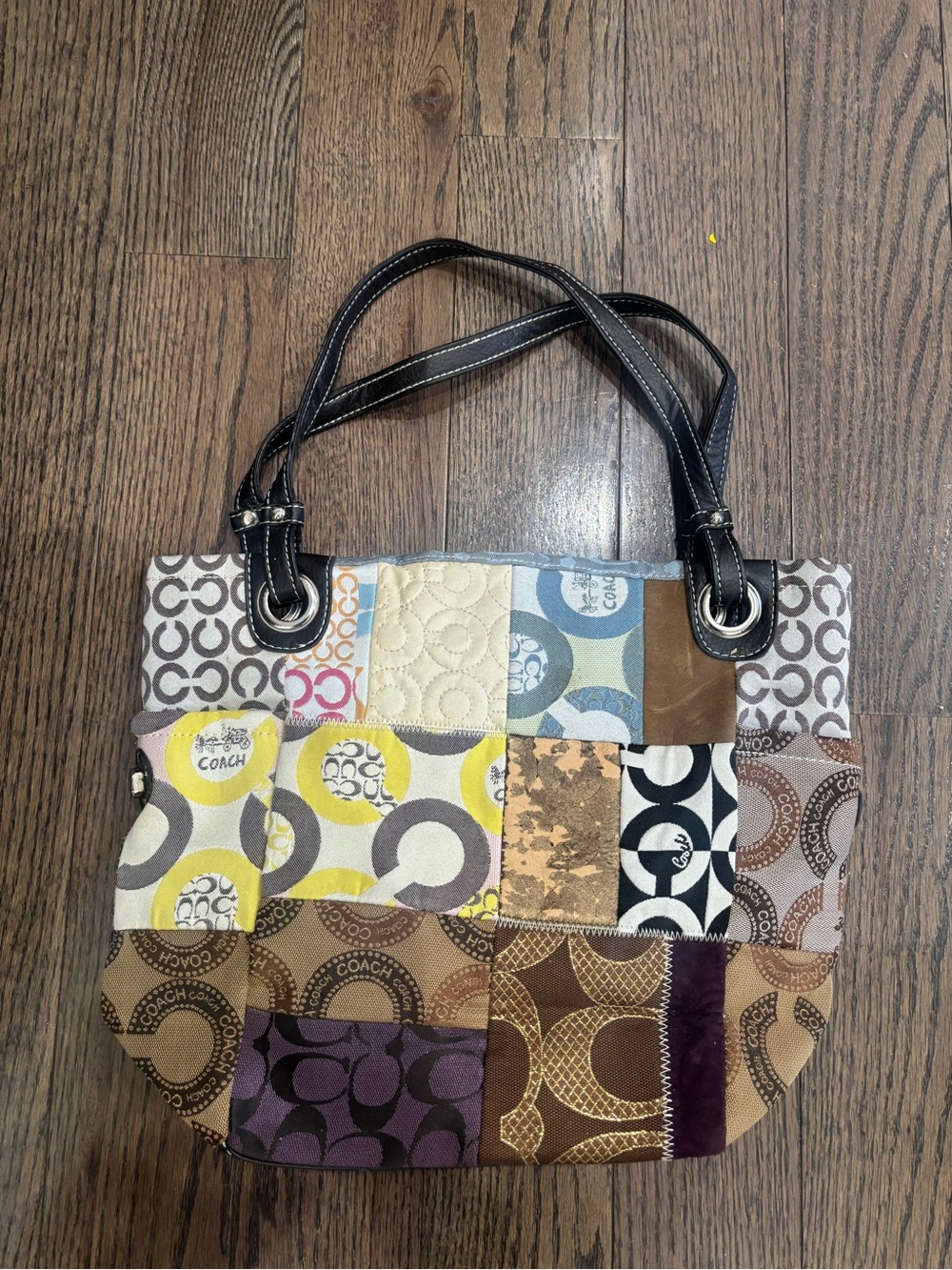 Vintage Coach Patchwork Shoulder Tote in Brown, Black, Yellow, Purple